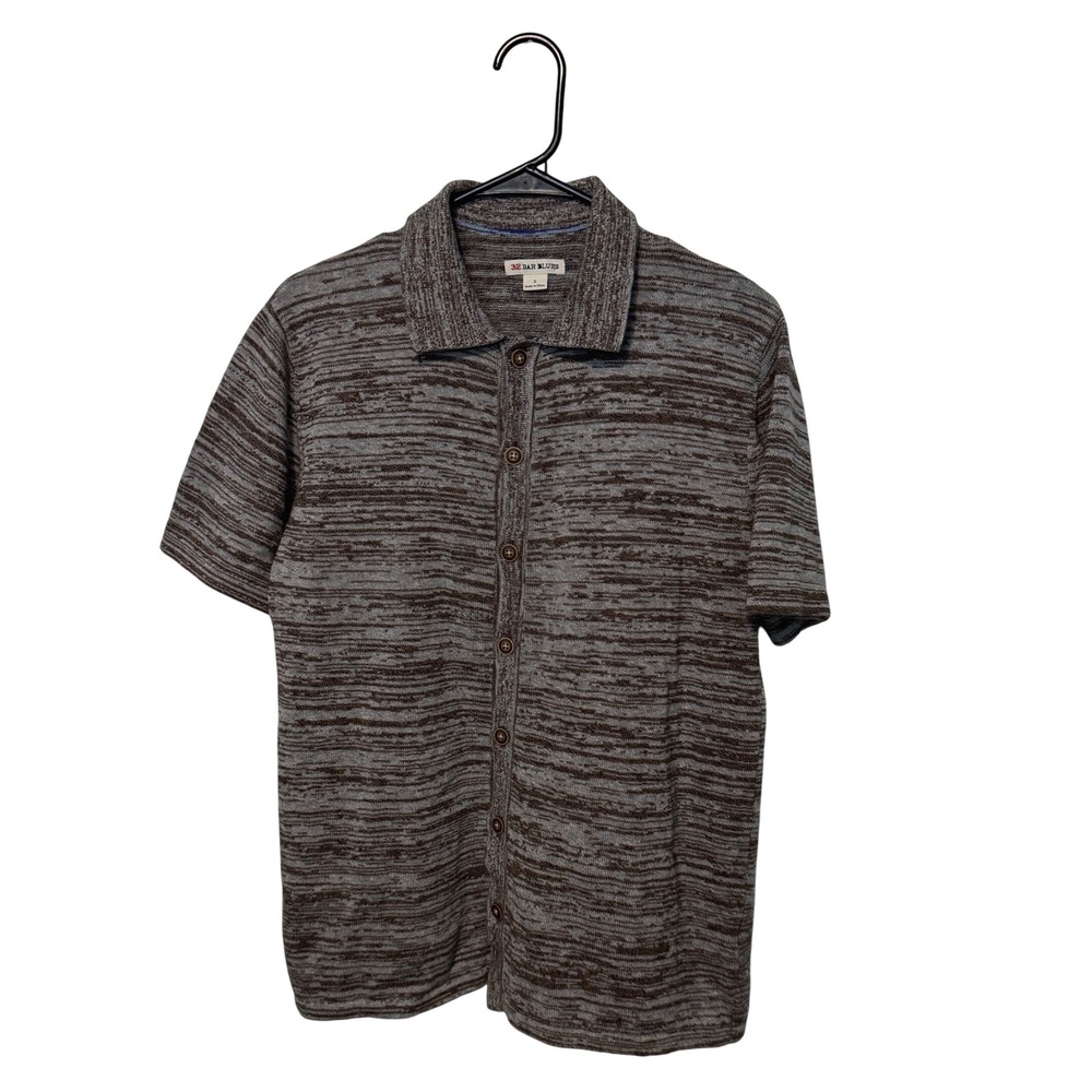 32 Bar Blues Shirt Mens Small Brown Gray Space Dye Cotton Silk Blend Polo Collar
